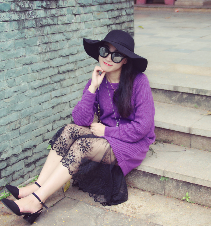 秋冬新款韩版宽松显瘦中长款毛衣女圆领套头针织连衣裙直筒 紫色