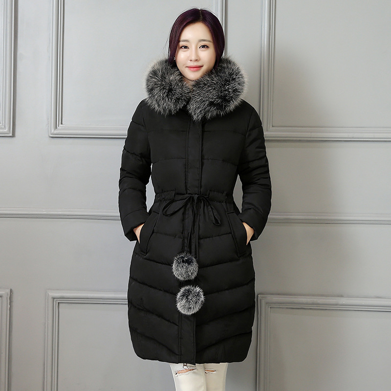 2016冬季新款韩版潮大毛领连帽加长过款膝羽绒棉服加厚女式棉衣外