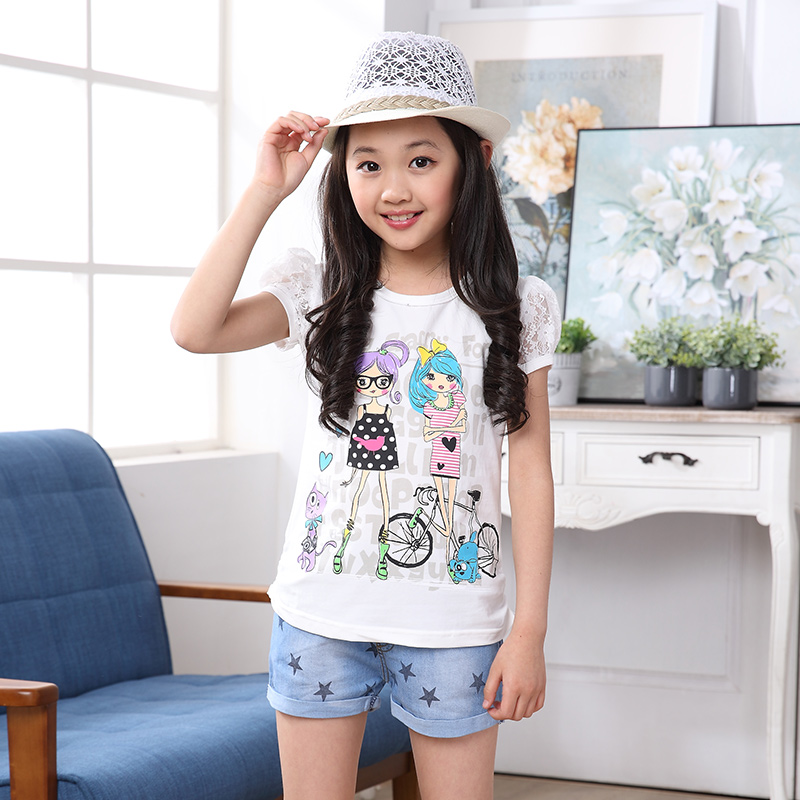 童装2015新款中大女童夏装蕾丝拼接短袖T恤母女装韩版打底衫上衣