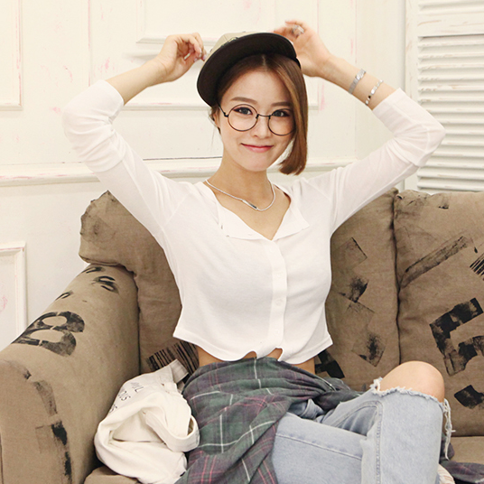 韩国代购2015新款女时尚韩版OL气质优雅修身显瘦纯色百搭长袖T恤