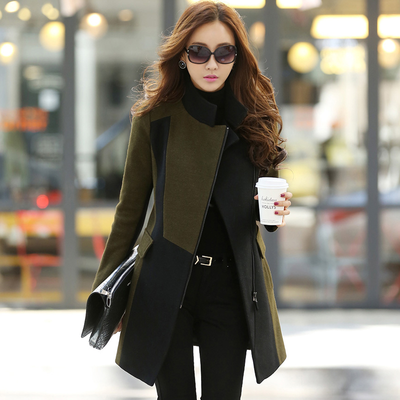 2015冬装新款韩版女装军绿色长袖呢子大衣修身显瘦中长款毛呢外套