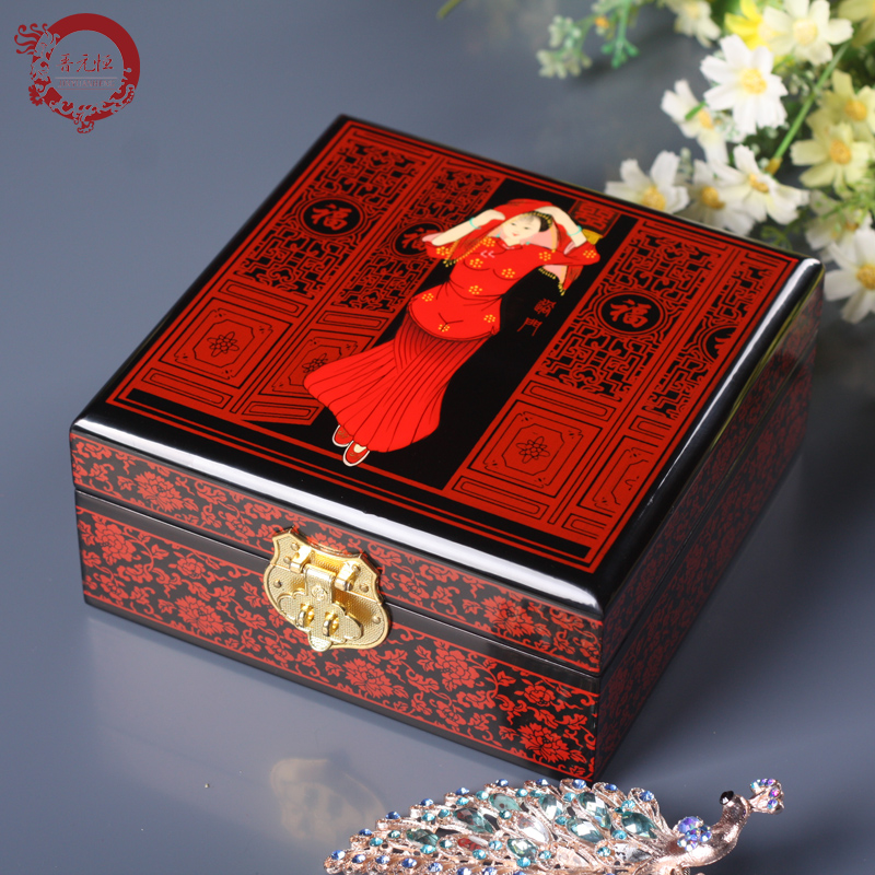 晋元恒彩绘漆器首饰饰品盒中国传统结婚用品明间手工艺喜庆礼品
