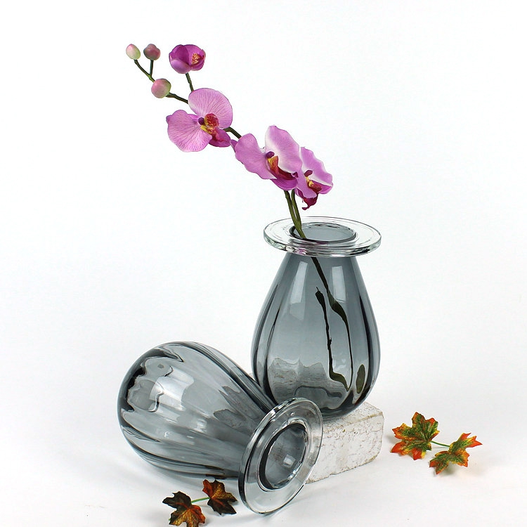 暗灰大边透明口玻璃花瓶 欧式简约台面软装饰品 家居摆件水培花器