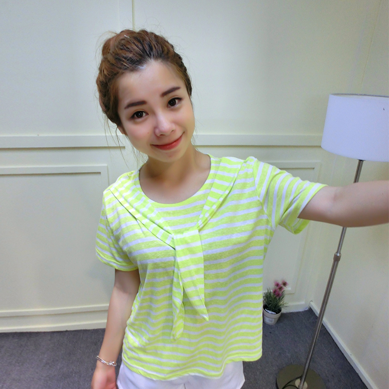 2015夏装新款韩版女装学院海军风领结条纹休闲宽松短袖T恤上衣潮