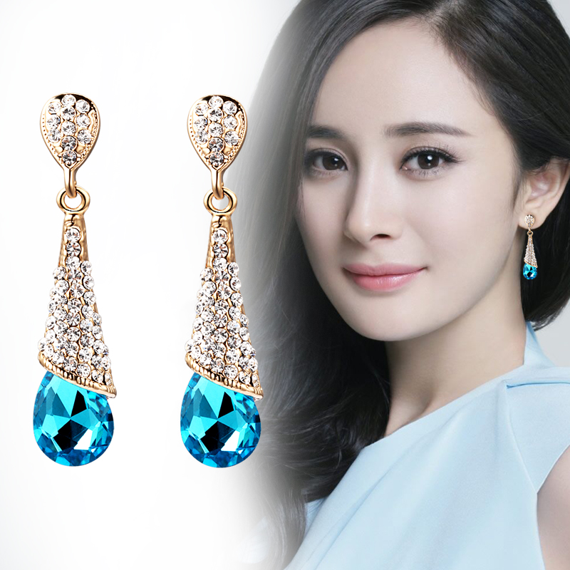 耳钉耳环韩版韩国时尚气质饰品女长款新娘蓝水晶红色耳坠
