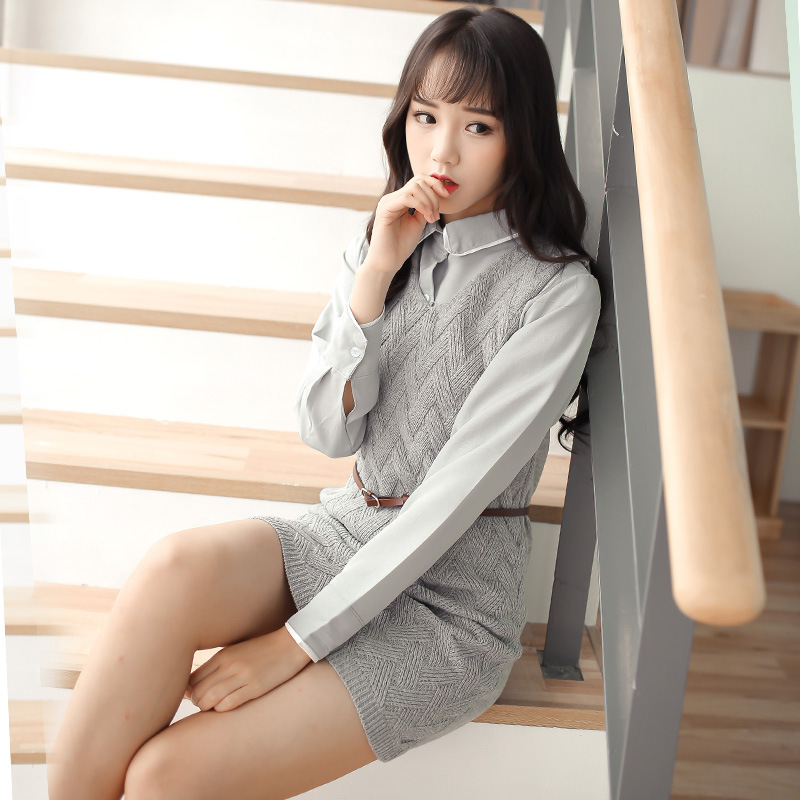 2015年冬季韩版长袖纯色高腰雪纺显瘦女裙POLO领A字裙两件套