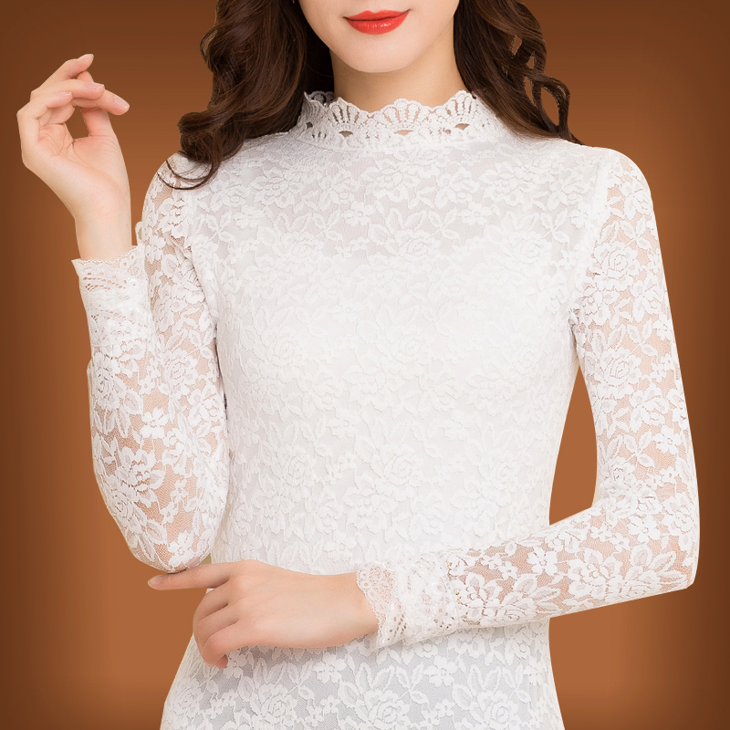 蕾丝打底衫女长袖2016新款韩版女装大码春秋季白色立领修身上衣潮