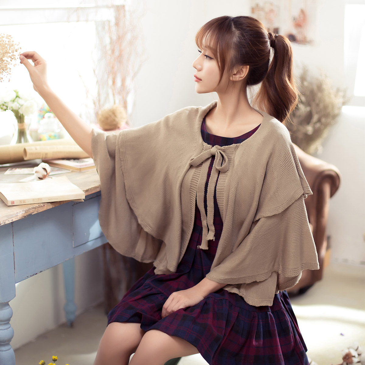 2016年春季新款韩版系带斗篷外套毛衣外套蝴蝶结荷叶边针织衫开衫