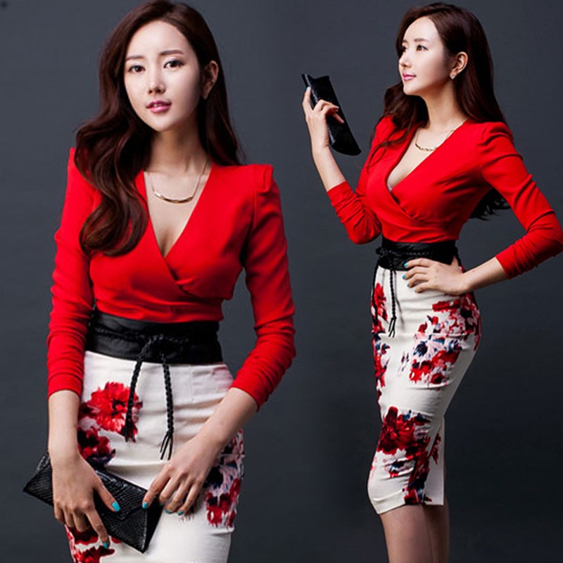 2015秋韩版气质性感女装V领印花红色礼服包臀长袖连衣裙两件套女