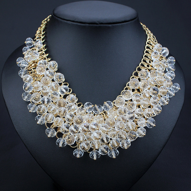 欧美时尚大牌奢华透明水晶宝石珠子多层短款锁骨项链夸张女配饰品