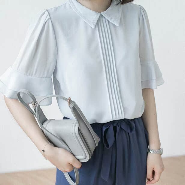 韩版女士夏装 尖领雪纺衫衬衣 双层荷叶袖Polo领衬衫