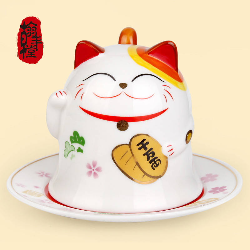 创意骨瓷杯情侣杯 水杯新奇茶杯茶具 精美招财猫杯子 带杯碟包邮