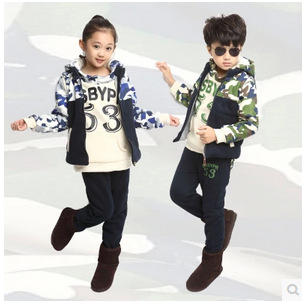 包邮2015冬季韩版新款大童卫衣三件套童装加厚加绒迷彩男女童套装