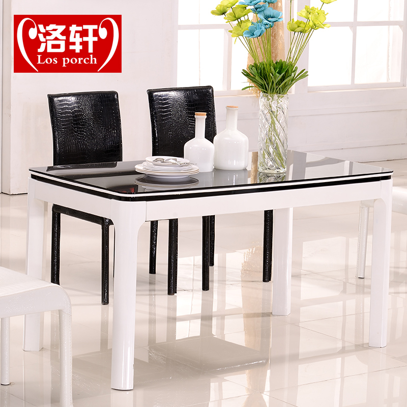 洛轩黑白色钢化玻璃烤漆餐桌椅组合现代简约饭桌时尚餐台003