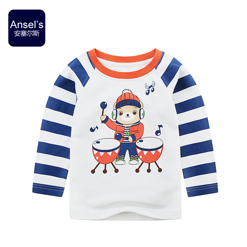 安塞尔斯2015秋装新款宝宝纯棉T恤儿童条纹圆领套头上衣卡通米白