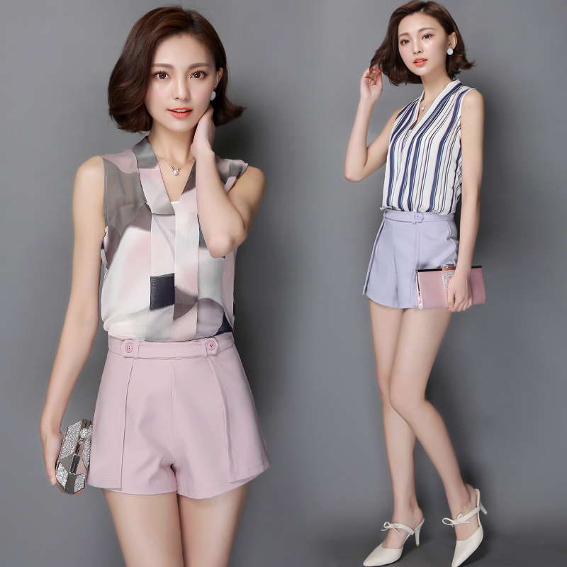 夏装韩版新款女装修身显瘦时尚印花无袖雪纺衫背心短裤子两件套装