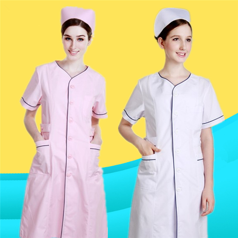 依美洁护士服夏装美容服 白色粉色无领加边 定做护士服南丁格尔
