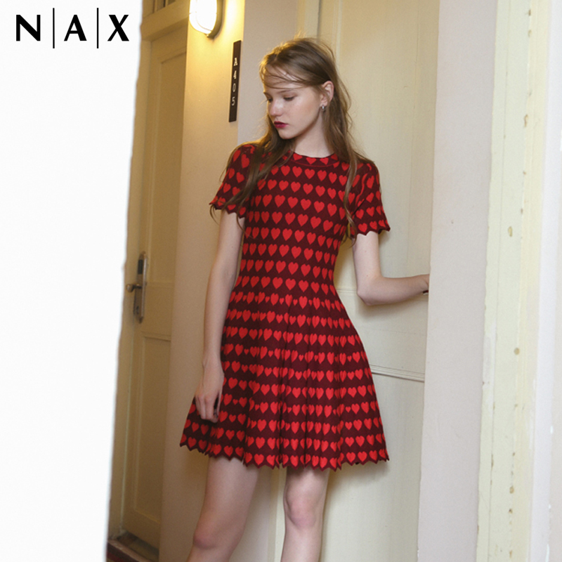 nax2015夏装新款红色爱心针织连衣裙 高腰圆领短袖修身显瘦中长款