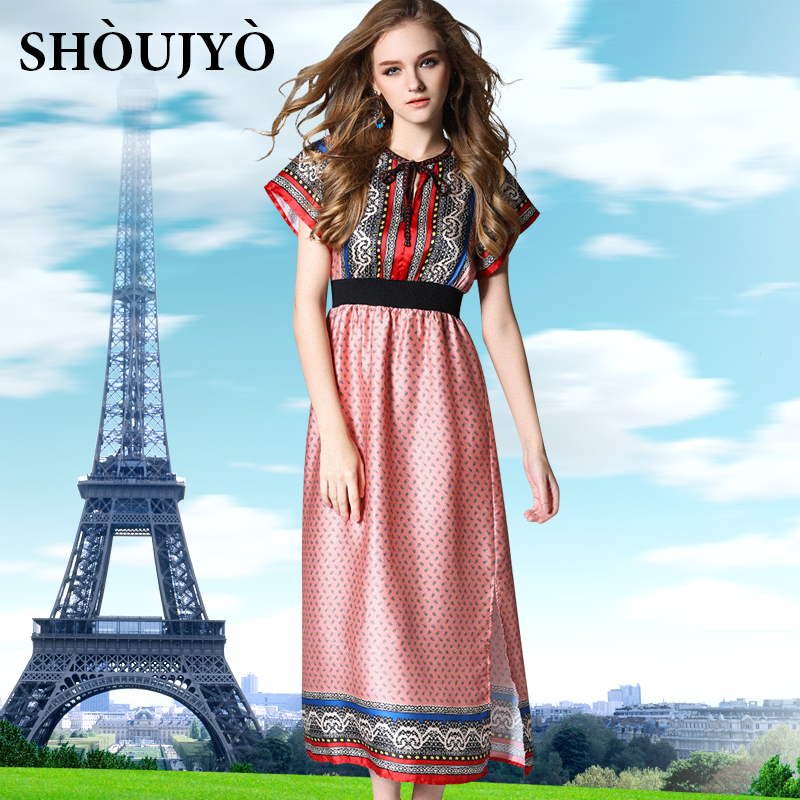 SHoujyo2016夏季新款欧美民族风印花中长款裙子松紧腰修身连衣裙