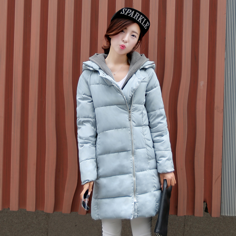 2015新款韩版修身连帽针织帽假两件中长款加厚棉衣