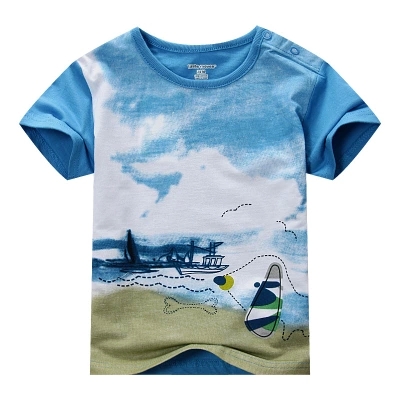 15年夏季Little maven 男童短袖T恤 蓝色儿童T恤衫 纯棉 欢乐海滩