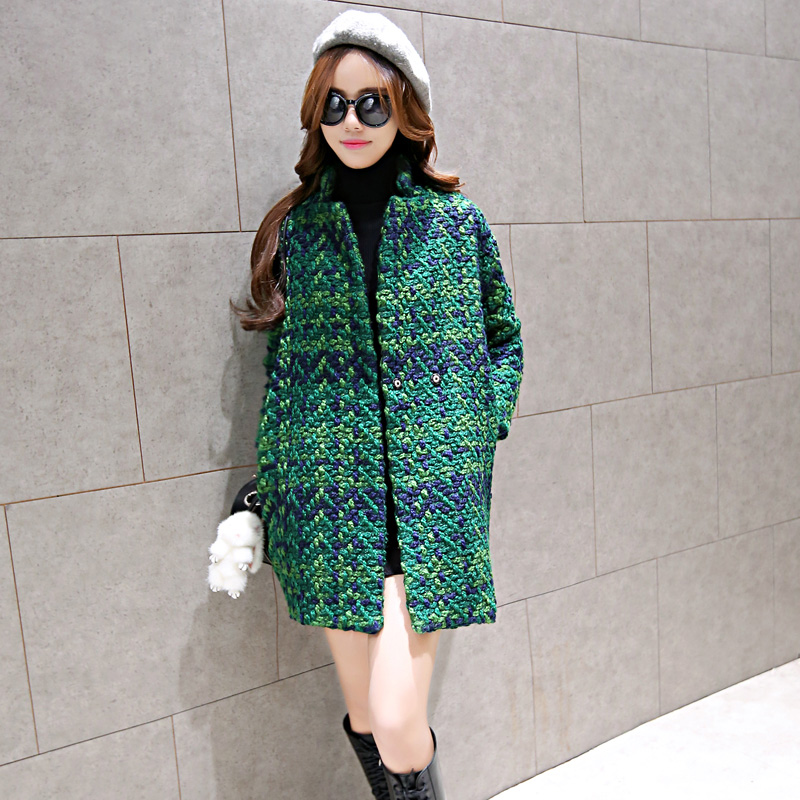 2015秋冬装新款韩版女装宽松显瘦格子大衣中长款加厚学生毛呢外套