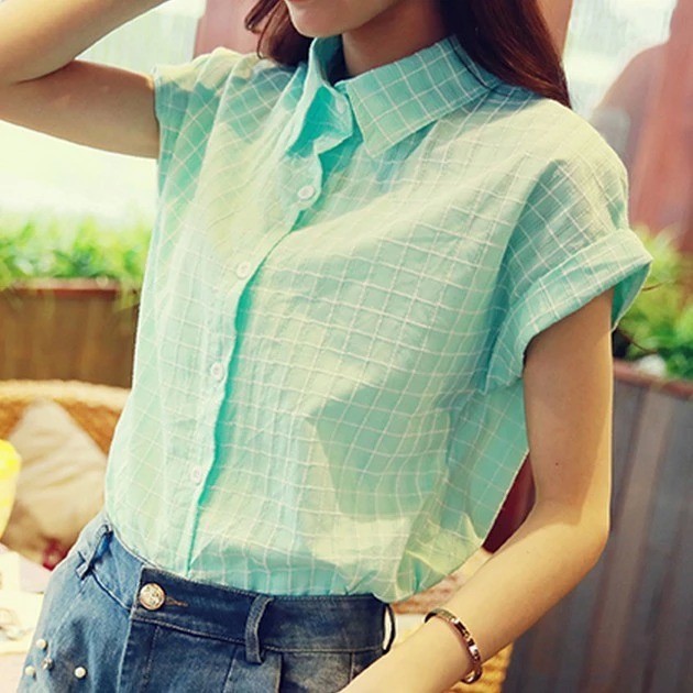 衬衫女2015新款夏装学生韩版亚麻短袖修身格子宽松衬衣上衣bf风夏
