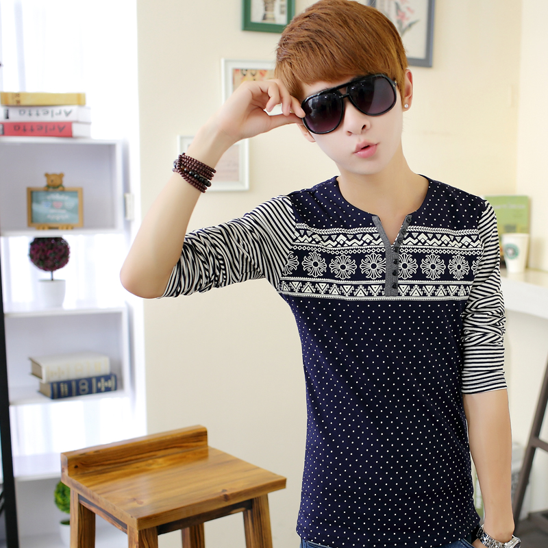 青少年韩版修身个性V领t恤男 潮流学生装男士长袖T恤