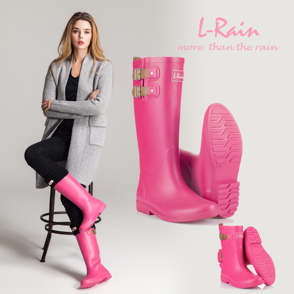 L-Rain春夏新品主打英伦皮袢质感简约橡胶高筒雨鞋/雨靴7色包邮