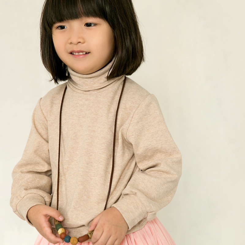 2015秋季新品韩版 文艺女童纯棉长袖堆堆领纯色打底衫T恤高领上衣