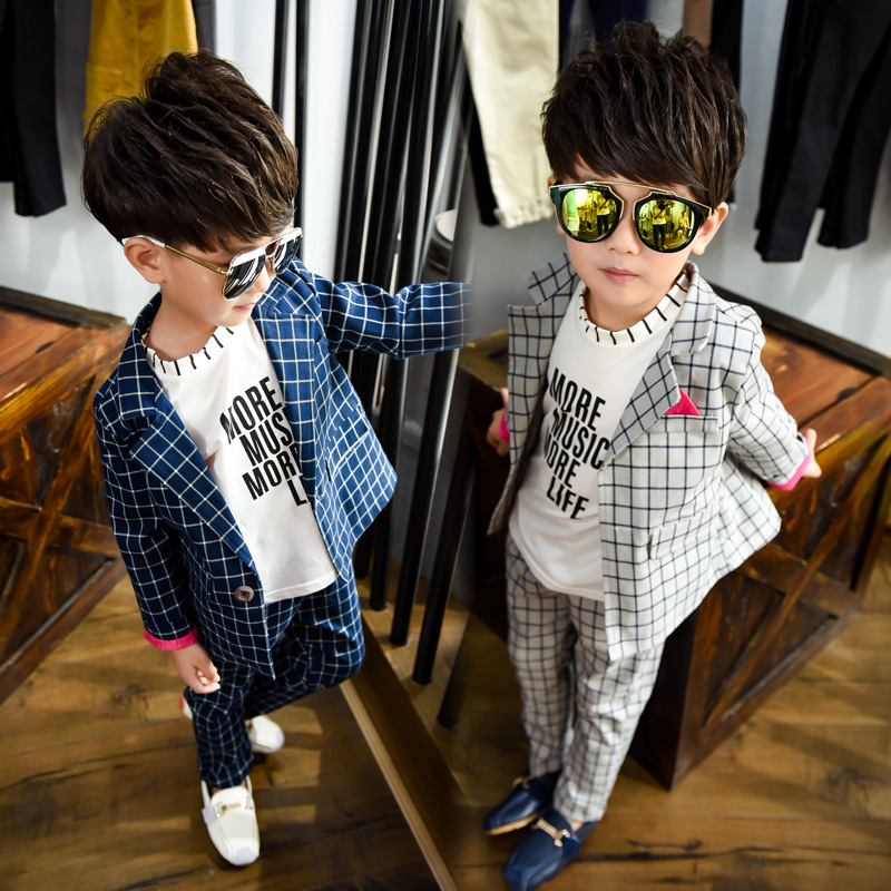 2015秋款男童格子西装 2件套 儿童宴会礼服男孩正装休闲韩版套装