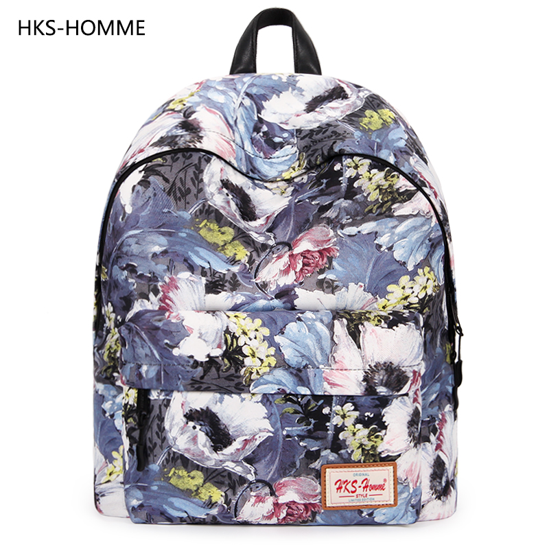HKS－HOMME印花双肩包女日韩版帆布书包大学生旅行包女士原宿背包