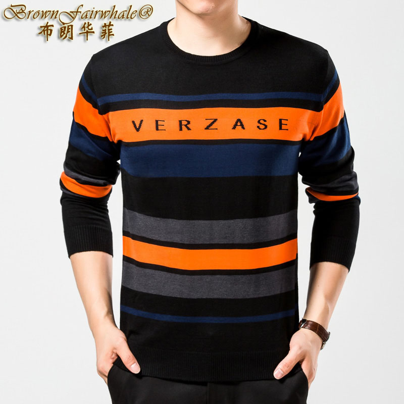 2016年秋季新款韩版t恤长袖修身条纹羊绒气质青年流行圆领上衣男