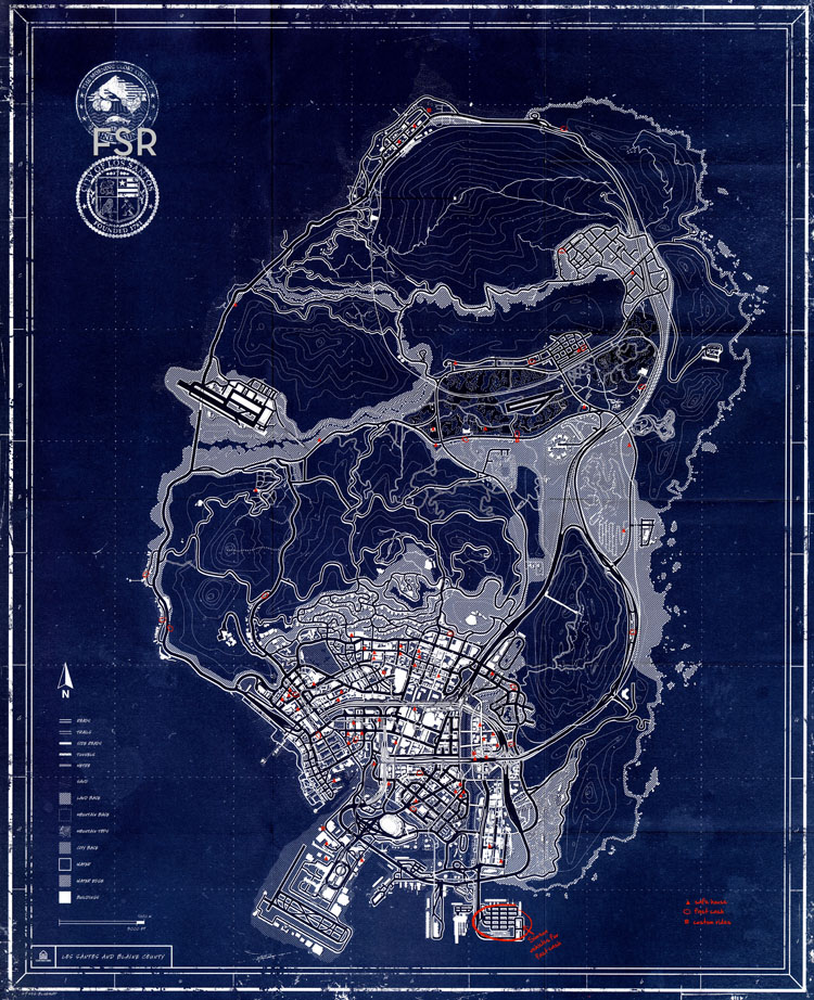 GTA5侠盗飞车游戏蓝色地图（扫描版）书房装饰画网吧墙壁挂画芯S