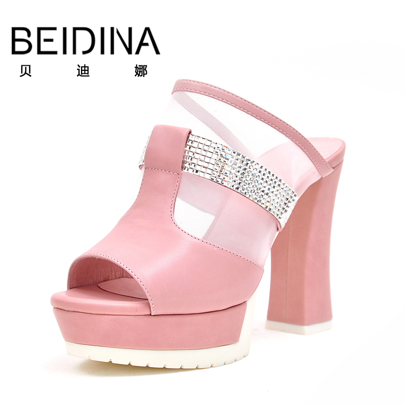 贝迪娜2015新款真皮鱼嘴防水台绑带高跟凉鞋夏天甜美坡跟粗跟韩国