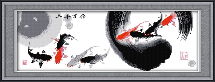 精准印花十字绣套件中国风年年有余中国画水墨版动物鱼客厅挂画