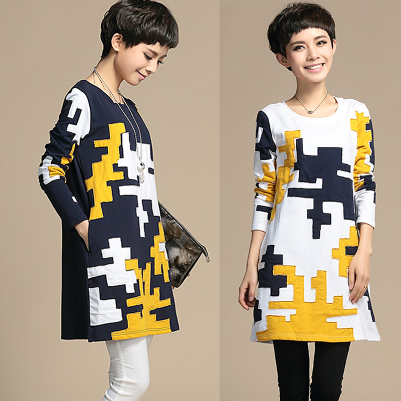 例秀正品A字版裙2015秋装新创意二维码几何拼色拼贴纯棉长袖长T恤