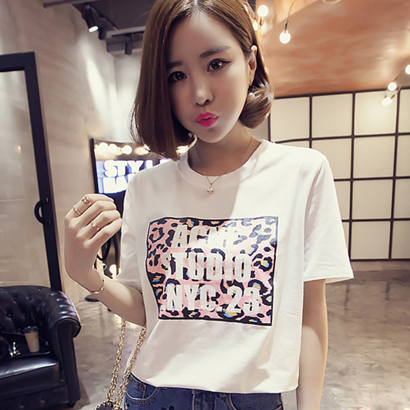 2016韩版夏装新款字母印花圆领短袖豹纹女装t恤