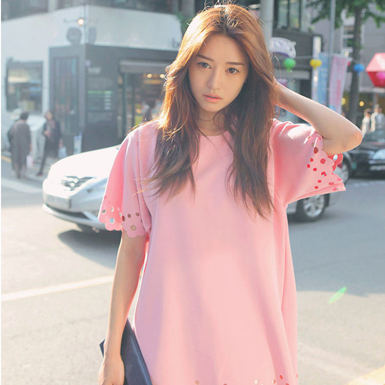 2014夏季韩版新款女装圆领缕空大码休闲短款连衣裙