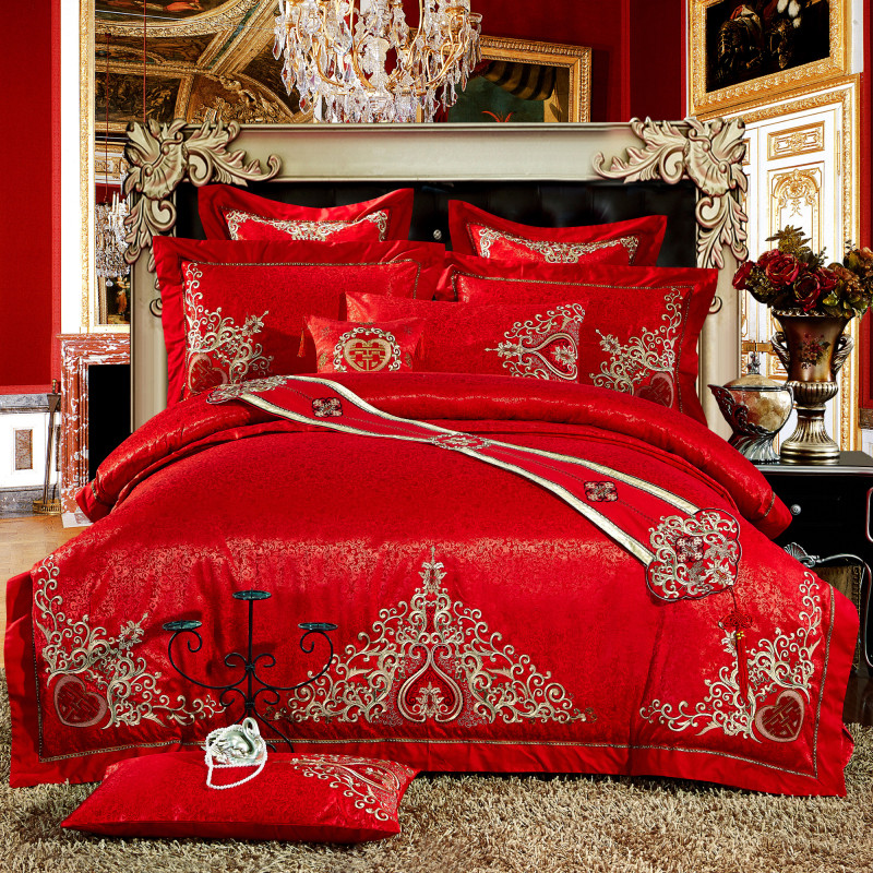 新结婚庆纯棉四件套大红全棉刺绣六件套八十多件套1.8米床上用品
