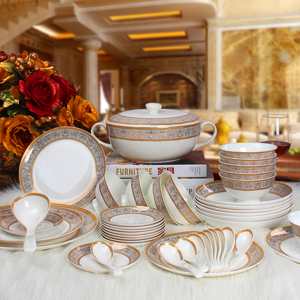 碗套装 景德镇陶瓷器豪华餐具56头骨瓷餐具套装-碗碟碗盘套碗瓷碗