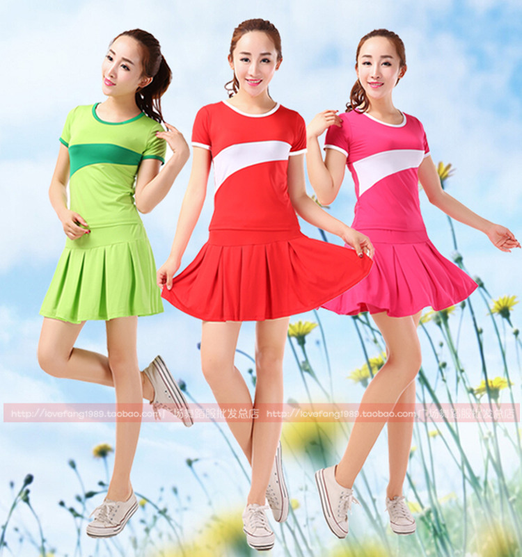 广场舞服装2015春夏季短袖上衣小苹果女健身演出跳舞蹈体操服短裙