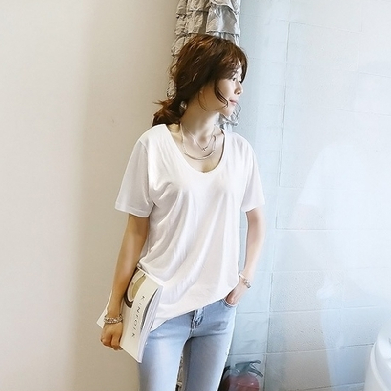 2015夏季韩版女款白色纯色短袖t恤女圆领宽松打底衫低胸性感T恤