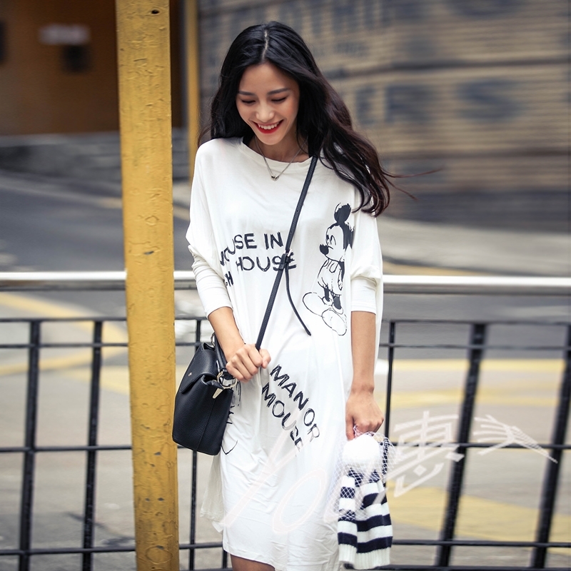 夏季新款韩版米奇5分袖卡通字母印花长款T恤女宽松休闲百搭连衣裙