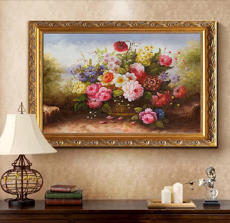 欧式手绘油画古典花卉装饰画客厅餐厅挂画玄关卧室壁画别墅有框画
