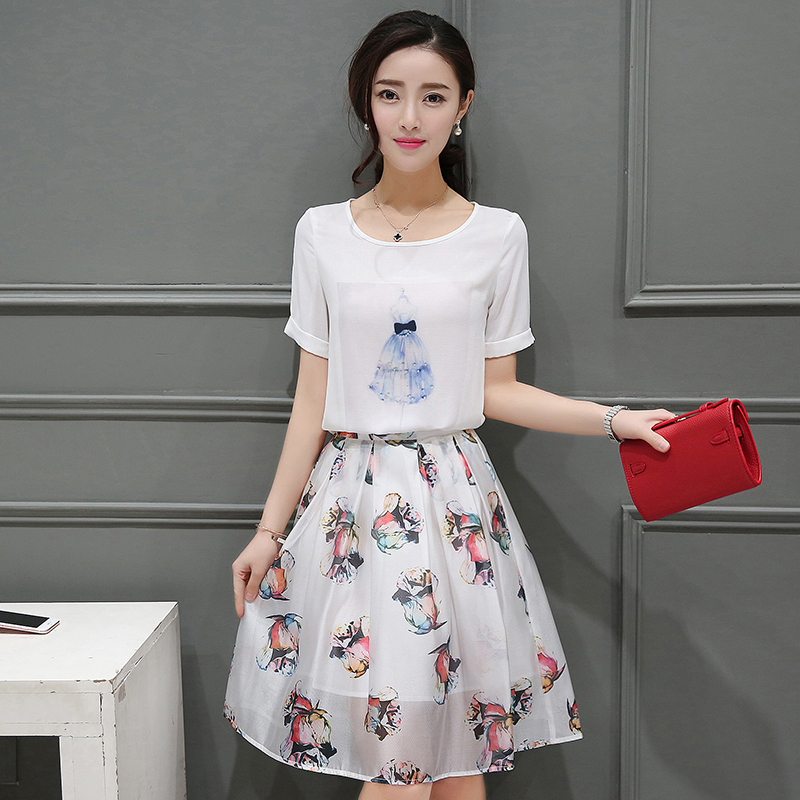 韩版夏季雪纺连衣裙短袖女中长款修身两件套连衣裙显瘦套裙子夏潮