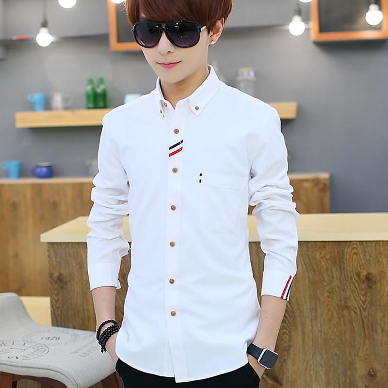 男士长袖衬衫青少年学生秋季白衬衣韩版休闲纯色寸衫潮流修身衣服