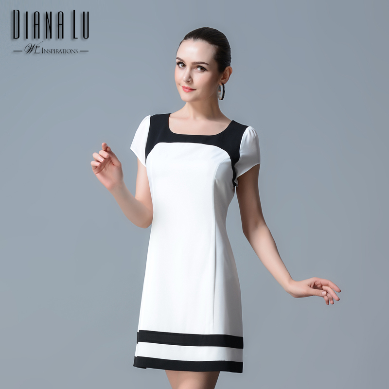 DIANA LU2015夏季新款女装时尚经典简约大方领修身黑白相间连衣裙