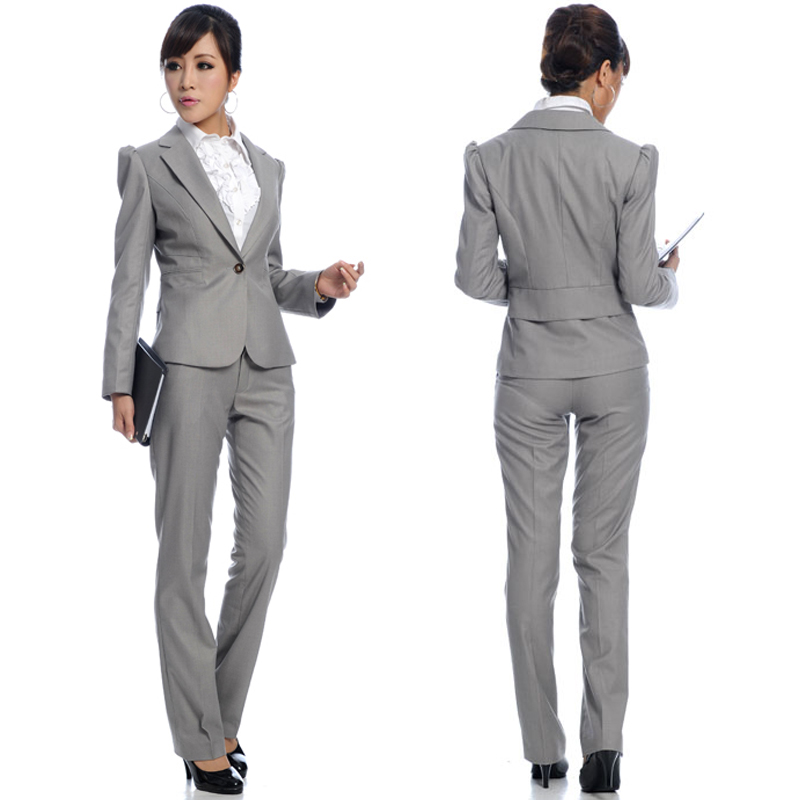 2015职业女装 灰色耸肩修身女裤套装商务银行高管 两件套显瘦冬