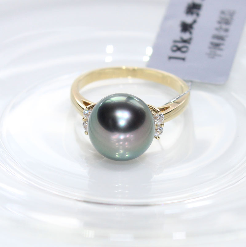 10-11大溪地孔雀绿黑珍珠戒指指环 18K金镶嵌 奢华高档神秘